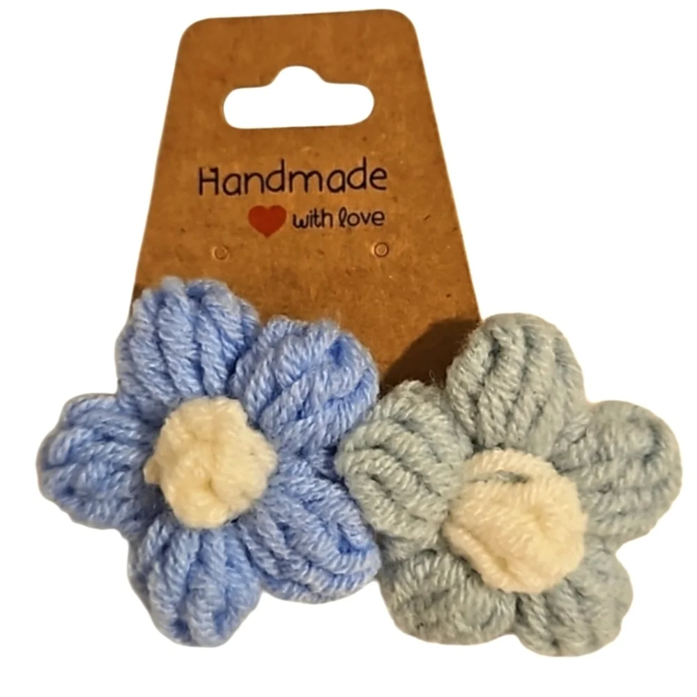 Hand Crafted TikTok Trend Hair Barrette Crocheted Puffy 2-Flowers Blue & White